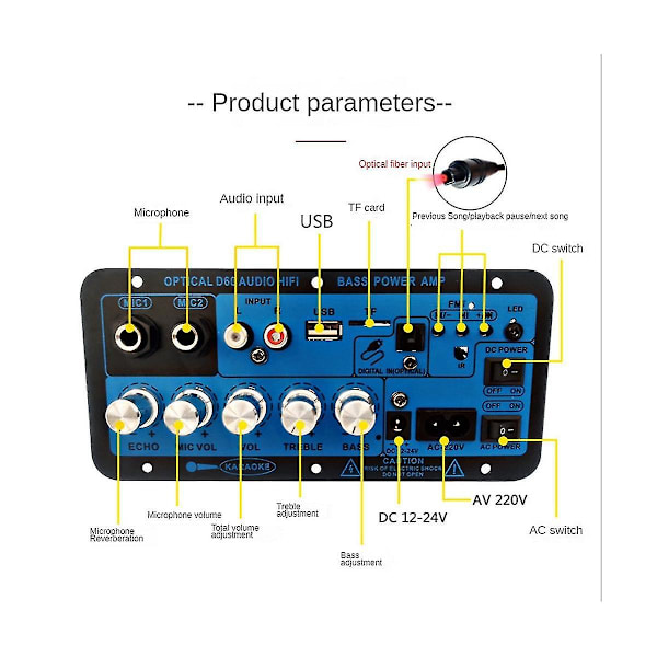 Bil Bluetooth Digital Forstaerker Board Dobbelt Mikrofon Bluetooth 5.0 Stereo Forstaerker Subwoofer Kara（BlaaSort）