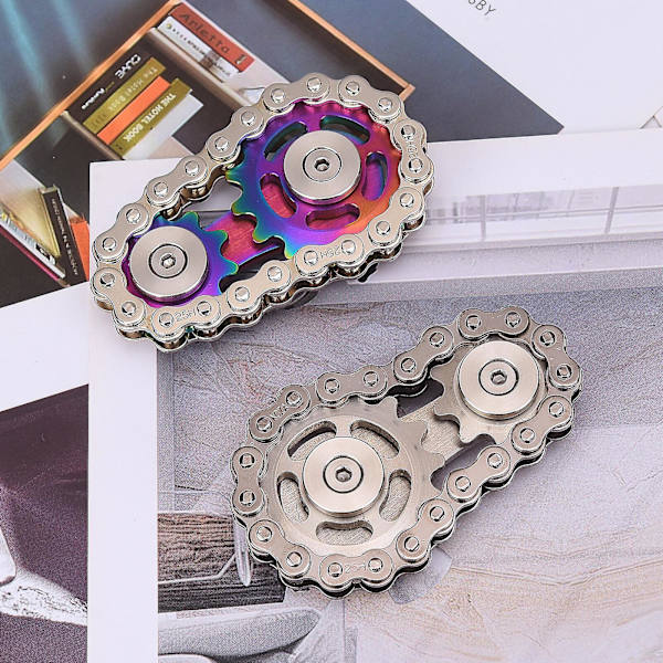 Cykelkedjefidgetspinner i metall, högkvalitativt rostfritt stål, nyhet, 5 x 5 x 3 cm, hållbar gyro (silver/svart)