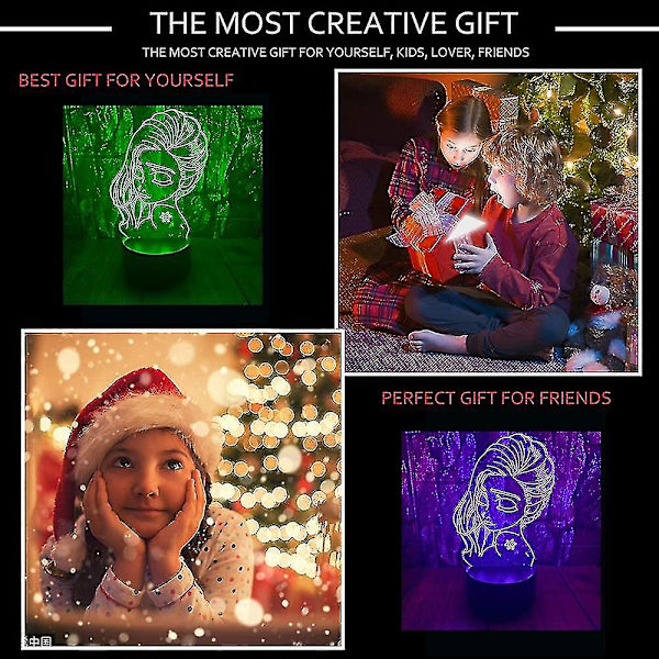Sød prinsesse Elsa Anime figur karakter 3d Led optisk illusion sove natlys med fjernbetjening 16 farver soveværelse indretning bordlampe fødselsdag julegaver