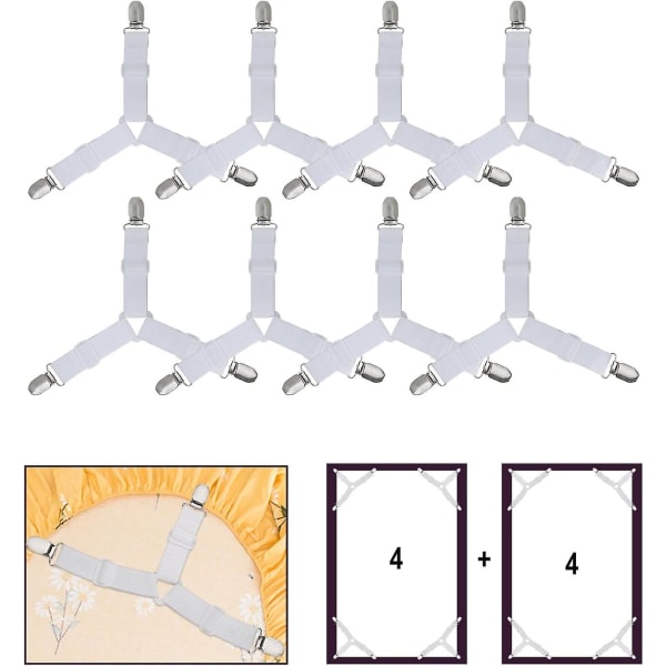 Valkoinen 8 kpl vuodevaatteiden kiinnitysklipsit, säädettävät joustavat kolmion muotoiset tukinauhat joustavalle ja tasaiselle vuodevaatteelle, patjalle, sohvatyynylle, pöytäliinalle