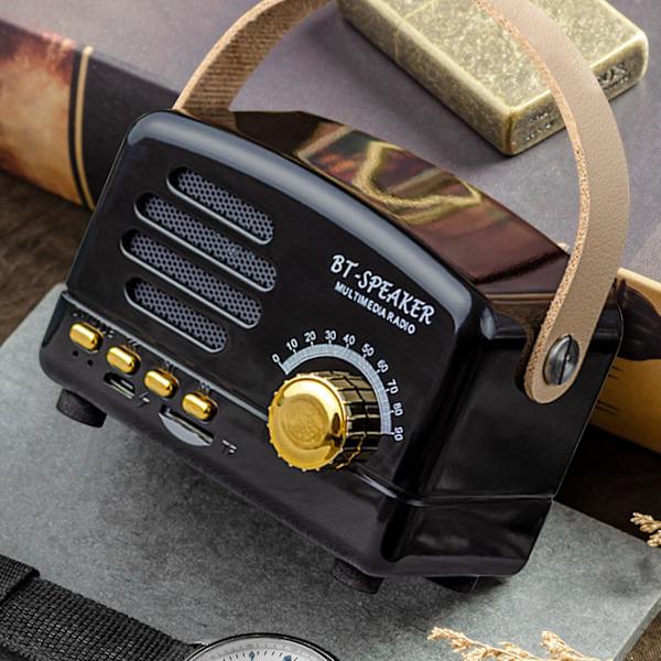 Bärbar retro Bluetooth-högtalare nostalgisk plugin trådlös ljud FM-radio uppgradering lång Bluetooth-högtalare med handtag（Svart）