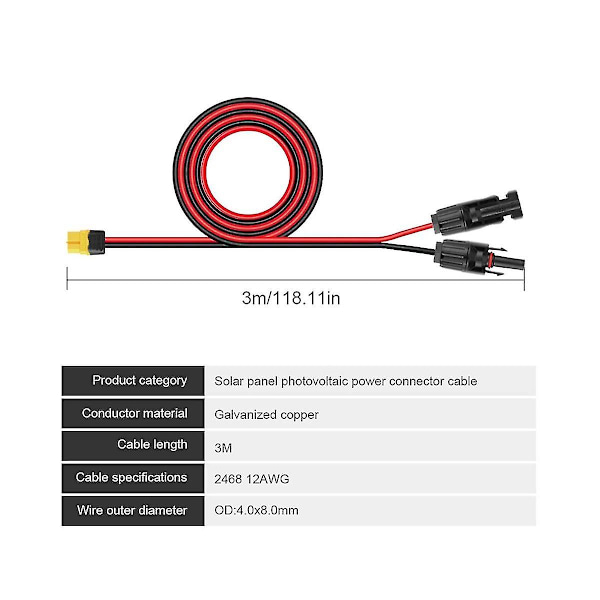 3 metriä 12awg liitinjohto Xt60-sovitin uros-naaras aurinkoliitinjatkokaapeli kannettavalle (musta punainen)