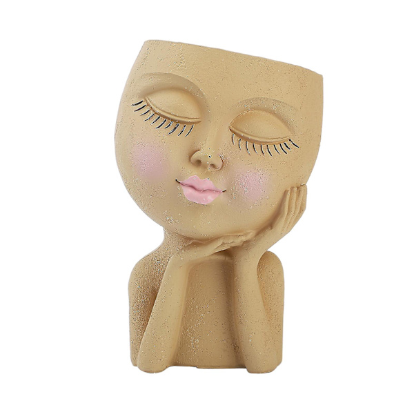 Ansiktsblomsterpotte, unike ansiktsplantere, harpikshode-planter for hagegave (beige)