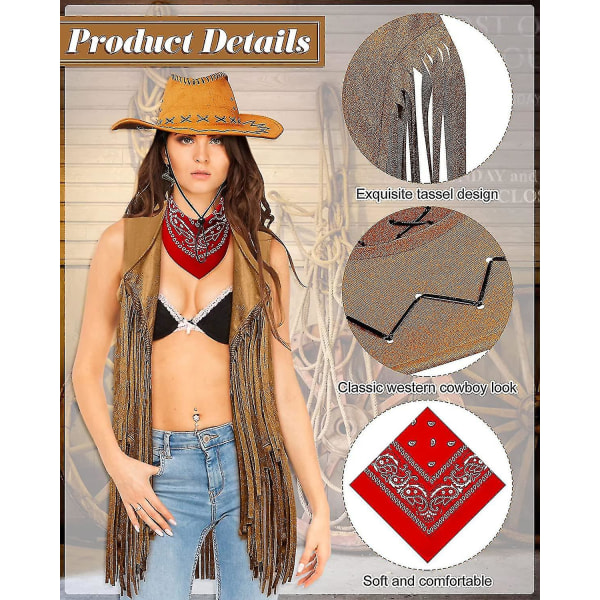 4 delar Cowgirl Outfits Set, tofsar Fringe Eveless Väst Cowboy Hat Boots Dangle Drop Örhängen Paiey Cowboy Bandana（Large）