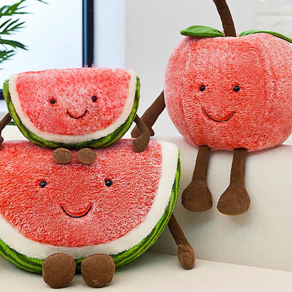 Morsom plysj smilende kirsebær vannmelon frukt utstoppet dukke Hjemmeseng Sofa Dekor Gaver（S, Cherry）