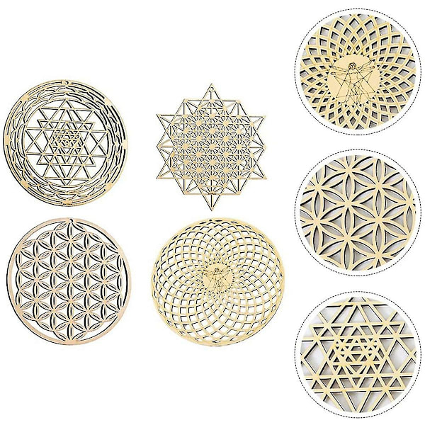8 stk. Sacred Geometry Vægkunst Blomster af Liv Gitter Træ Accent Dekor Træ Krystal Gitter Bræt Woo（træfarve）