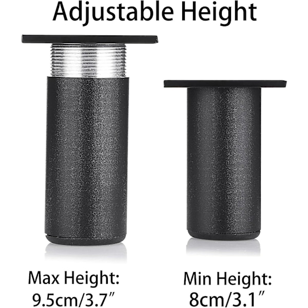 4 stk. Justerbare møbelben Sengeben Forhøj møbler Aluminiumlegering Fod til Boxspring, Garderobe, Bord (Sort, Højde 80mm)VEBTle