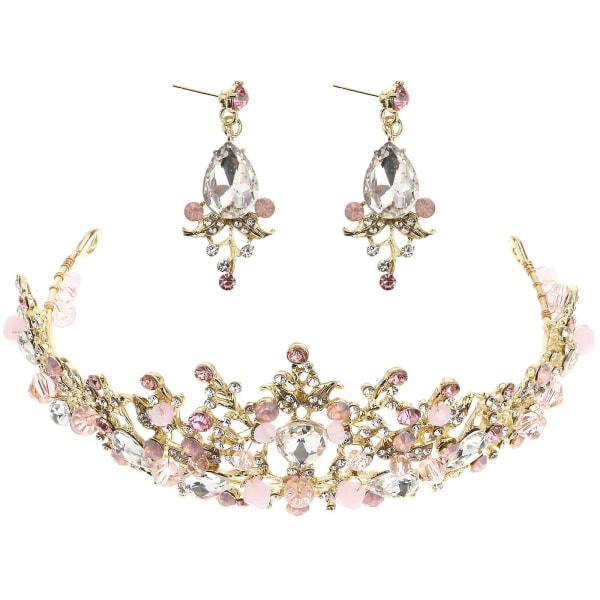 Bryllup Tiara krone pannebånd Rhinestone krystall dekorert pannebånd kvinner jenter (rosa, tilfeldige øredobber rosa)