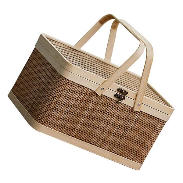 Naturlig vävd picknickkorg camping förvaringskorg stor handhållen fruktkorg (30X20X16.5, brun)