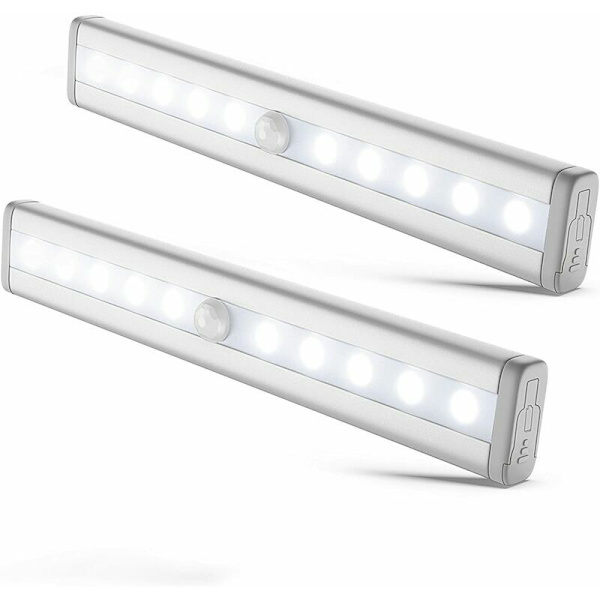 Set med 2 LED-nattlampor med rörelsesensor, skåpsbelysning, LED-tejp, självhäftande, drivs av AAA-batterier (ingår ej), aluminiumfinish