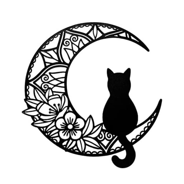 Svart katt och månväggkonst, månfasväggkonst, svart katt på månväggpediment, svart kattväggskulptur för kattälskare（A）