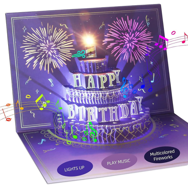 Bursdagskort 3d musikk popup-kort med lys, unik stil, håndlaget gratulasjonskort med konvolutt for å uttrykke spesiell kjærlighet (lilla)