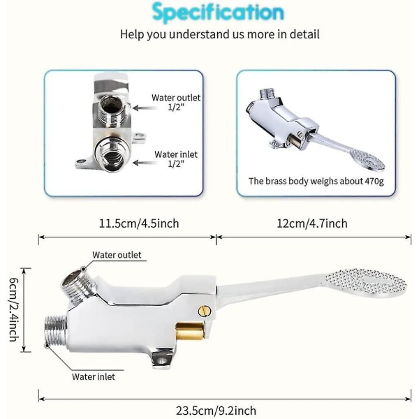 Gulvmontert enkelt messingpedalventil, fotbetjent kran, fotventil for fotpedal kran berøringsfri fotbetjent vannpumpe