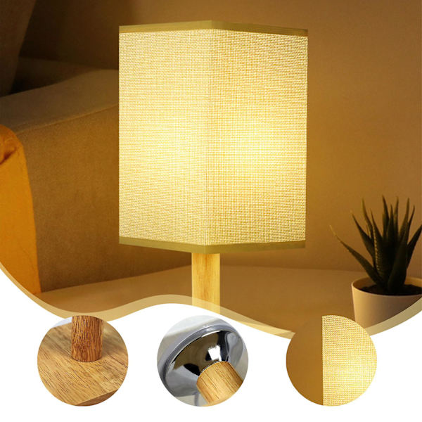 Bordslampa för sovrum 3-vägs dimbar nattduksbordslampa med rund linnetygsskärm för vardagsrum kontor sovsal, massivt trä, LED-lampa ingår（Brun）