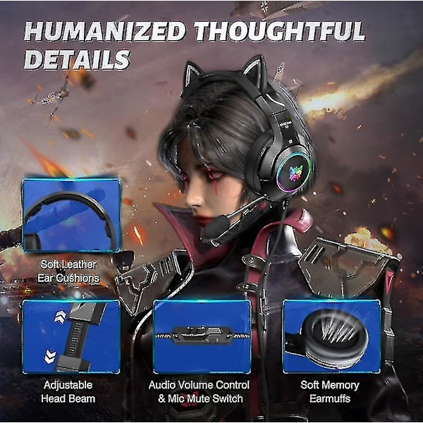 Gaming Headset med Gel Katteører Kompatibel med Xbox One, Ps4, Ps5, Pc（Sort）