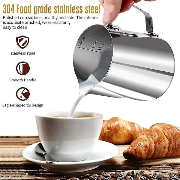 Mjölkkanna, 350 ml + 600 ml handhållen mjölkskummare i rostfritt stål, mjölkskummare för kaffekräm