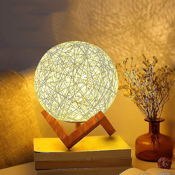 Led natlampe, sengelampe, rattan og træ soveværelse stemningslampe, USB genopladelig