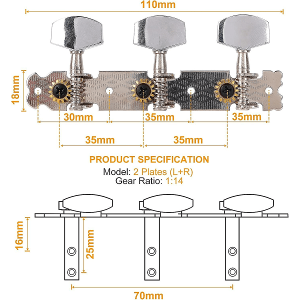 Sølv - 2 (1 venstre og 1 højre) mekaniske dele til klassiske guitarer, stemmeskruer til klassiske eller akustiske guitarer