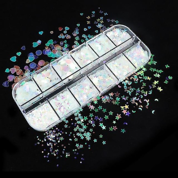 12TCHH Holografisk Nail Art Glitter 3d Farge Full Flakes