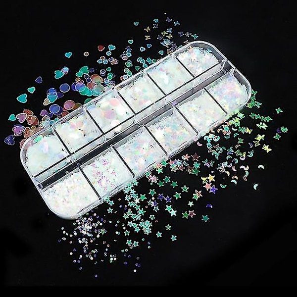 12TCHH Holografiskt nagelkonstglitter 3d färgglada flingor
