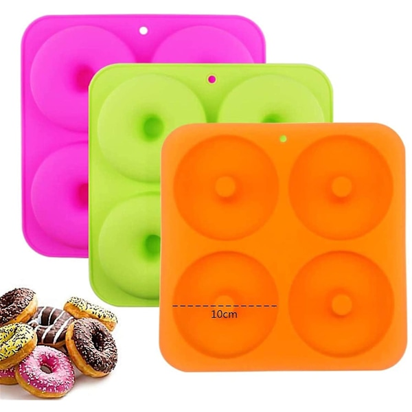 3 stk. 4 tommer donut bageform i fuld størrelse, non-stick silikoneforme, donutbakker, 3 farver