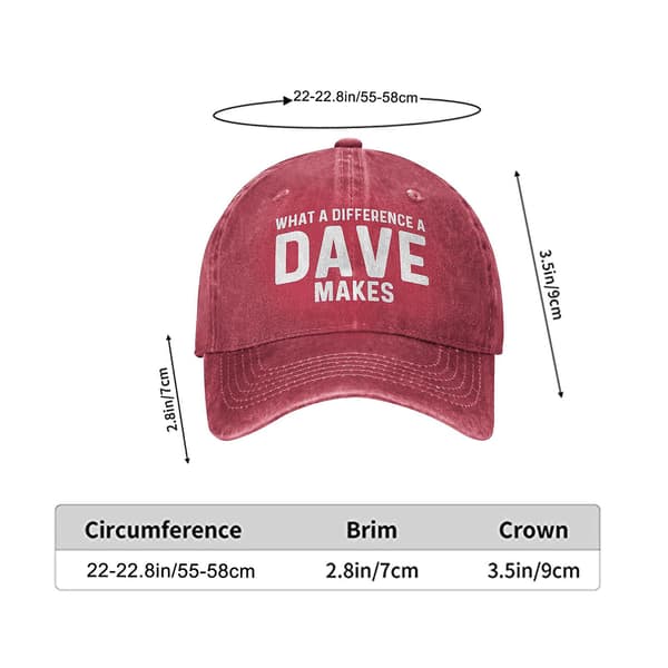 What A Difference A Dave Makes Hat for Men Dad Hat with Design Hats Baseball Cap（Red）