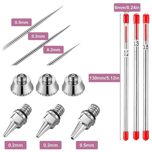 Airbrush-suutinsarjan neulasetti, 0,2 mm/0,3 mm/0,5 mm Airbrush-neulat Airbrush-suuttimet Varaosat Airbrush-ruiskupistooliin, Tarvikkeet Maalaus