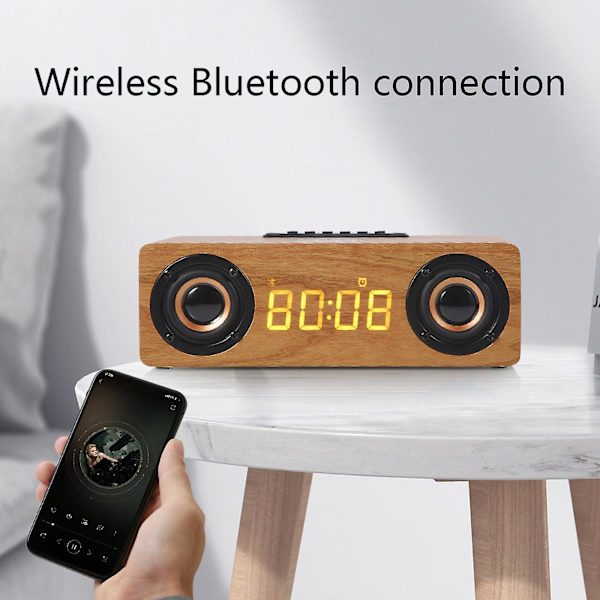 Trådlös Bluetooth-högtalare i trä med multifunktionell klocka, väckarklocka, U-disk, plugin-kort, litet ljud, kraftfull subwoofer, FM (brun)