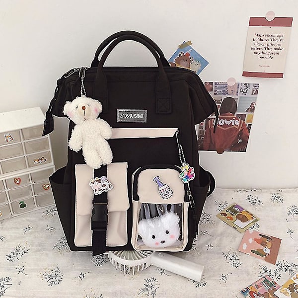 Teinien tyttöjen koululaukku Kawaii söpö karhu College Travel Casual Bag Syntymäpäivälahja（Musta）