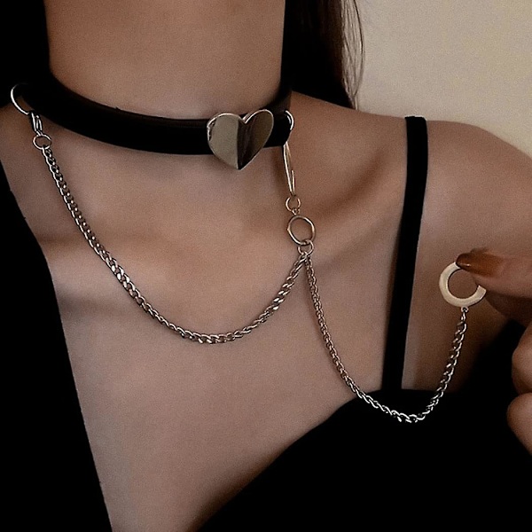 Punk Svart Läder Halsband Hjärta Choker Halsband Silver Lång Hänge Kedja Halsband Smycken Gåvor för Kvinnor och Flickor