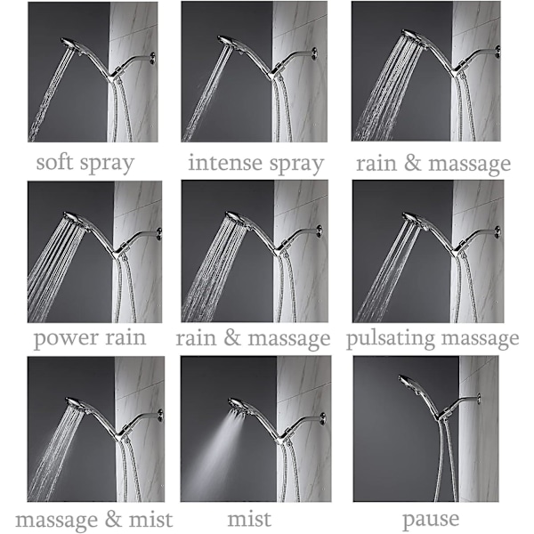 Handhållen duschhuvud - 9 inställningar Högtryck Avtagbar med slang och monteringsfäste, Polerad krom