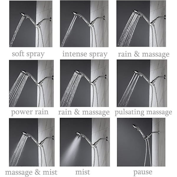 Håndholdt dusjhode - 9 innstillinger Høytrykksfjerning med slange og monteringsbrakett, polert krom