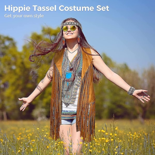 Hippie kostumesæt, 60'er 70'er kvinder Hippie kostume tilbehørssæt, inkluderer kvastvest & Boho pandebånd og kvast øreringe og solbriller, ærmeløs frin