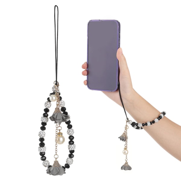 1 stk Anti-skli telefonsnor med blomsterhåndleddsstropp med krystallperler (20 cm, svart)