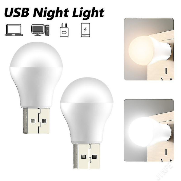 2 stk. USB-plugglampe, datamaskin, mobil strømforsyning, USB-liten boklys, LED-øyevern, leselys, USB-liten nattlyspære