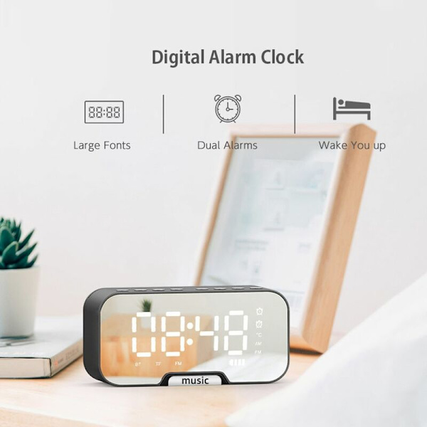 Spegels digital väckarklocka med BT-högtalare och FM-radio och temperaturvisning Dubbel alarm bordsur