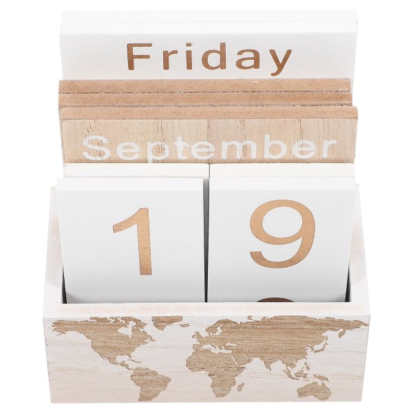 Maailmankartta Puinen kalenteri Toimisto Perpetual Calendar Koristeellinen Pöytäkalenteri Block Kalenteri (14.00X11.50X6.30CM, kuten kuvassa)