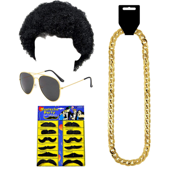 70'er Disco kostume sæt med paryk, solbriller, halskæde og overskæg til fester（A）