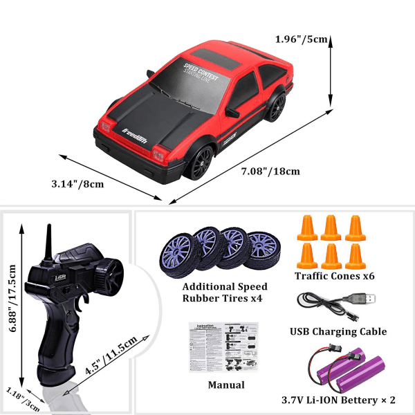 4wd Rc Drift Car, 1/24 skala 2,4 GHz fjernstyrt bil med utskiftbare dekk og kule lys, 100 % NY（Rød）