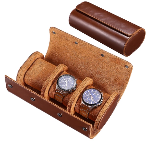 Leather cylindrical watch box storage box 3 compartments watch roll holder watch jewelry gift storage display box (22.00X10.00X7.50CM, brown)