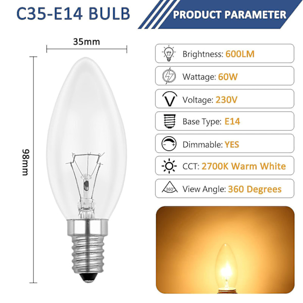 Glødelampe E14 60w 230v, E14 Flammepære, Dimbar Varm Hvit 2700k, 600lm, C35 Transparent Pære, For Lysekrone, Skrivebordslampe, 6-pakning