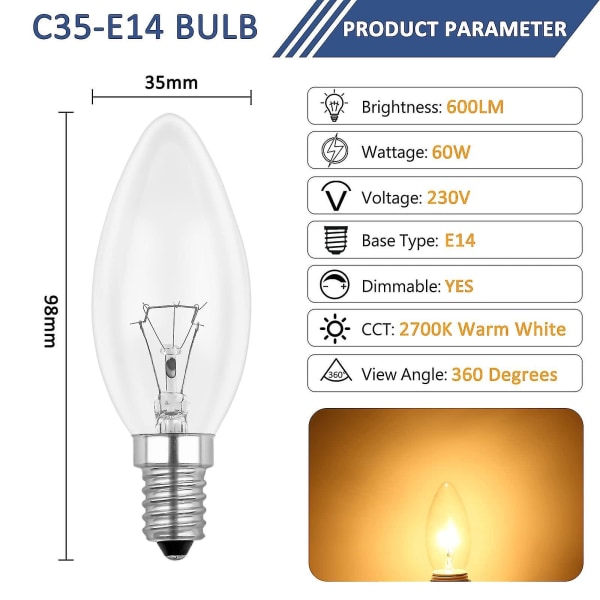 Glödlampa E14 60w 230v, E14 Flamlampa, Dimbar Varmvit 2700k, 600lm, C35 Transparent Glödlampa, För Kronljusstake, Bordslampa, 6-Pack