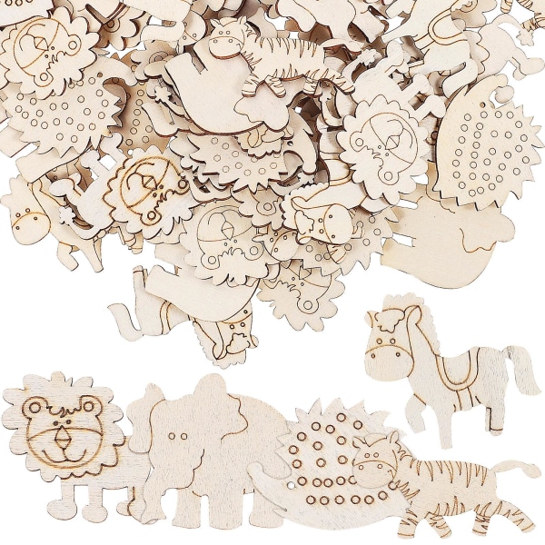 100 stycken djurprydnader i trä Gör-det-själv hantverkspapper decoupage träbitar för centerpieces (som visas på bilden)
