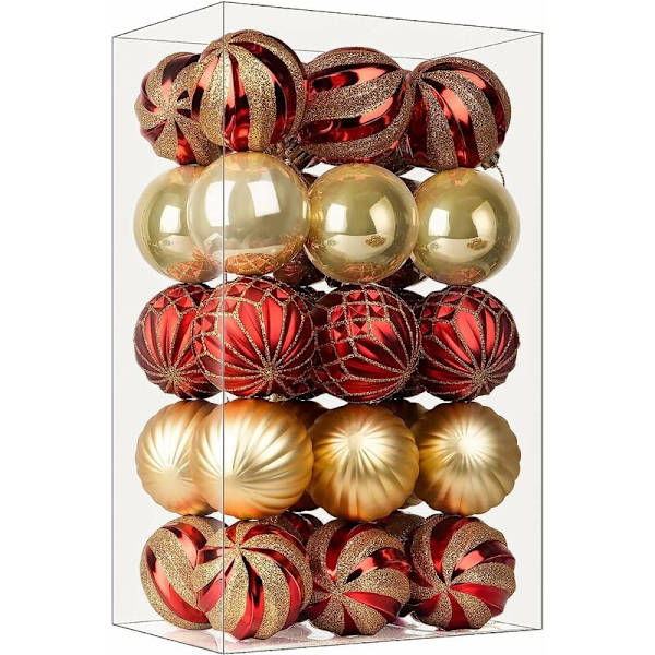 FlkwoH Julgranskulor, 30 st färgglada och glittrande dekorationer och hängande kulor för julgran, med rep (60 mm/2,36 röd/guld)
