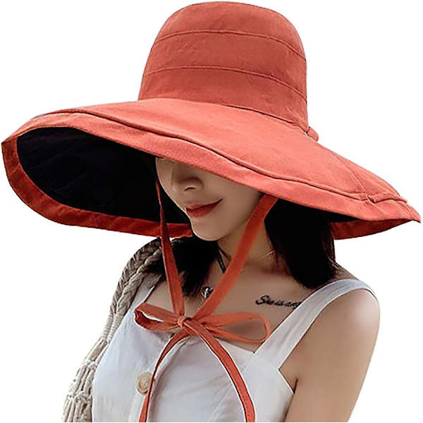 Dam solhatt bred brätte UPF 50+ sommarhatt hopfällbar floppy strandmössa för kvinnor-Orangered