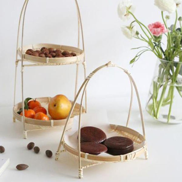 Bambusvävning Halm Korgar Tier Rack Wicker Frukt Bröd Mat Förvaring Kök Dekorera Rund Platta