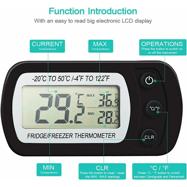 Digital kylskåpstermometer, vattentät frys termometer med krok Lätt att läsa LCD-skärm Max/Min inspelningsfunktion - 2-pack