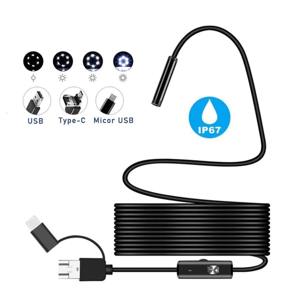 Vanntett USB-endoskop Borescope Snake inspeksjonskamera mobiltelefon（5m）