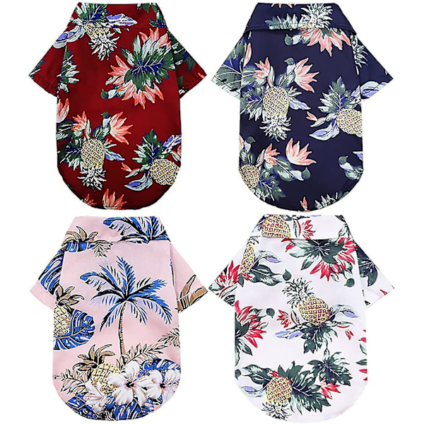 4 stk. sommer-T-shirts til kæledyr, hund og kat, hawaiiansk stil, T-shirts med blomster- og kokospalmetræ-print, sommer-strandtrøje til hvalpe (L)