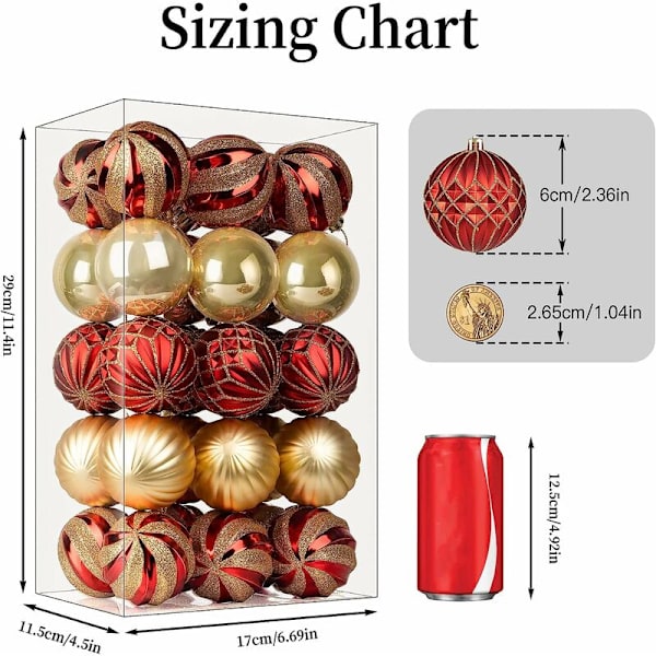 FlkwoH Julgranskulor, 30 st färgglada och glittrande dekorationer och hängande kulor för julgran, med rep (60 mm/2,36 röd/guld)